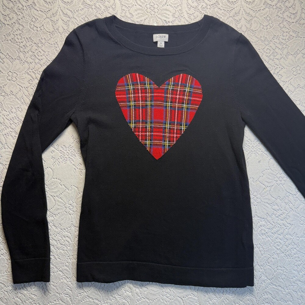 J.CREW Sweater Womens Small Black Plaid Heart Graphic Crew Neck Cotton Pullover